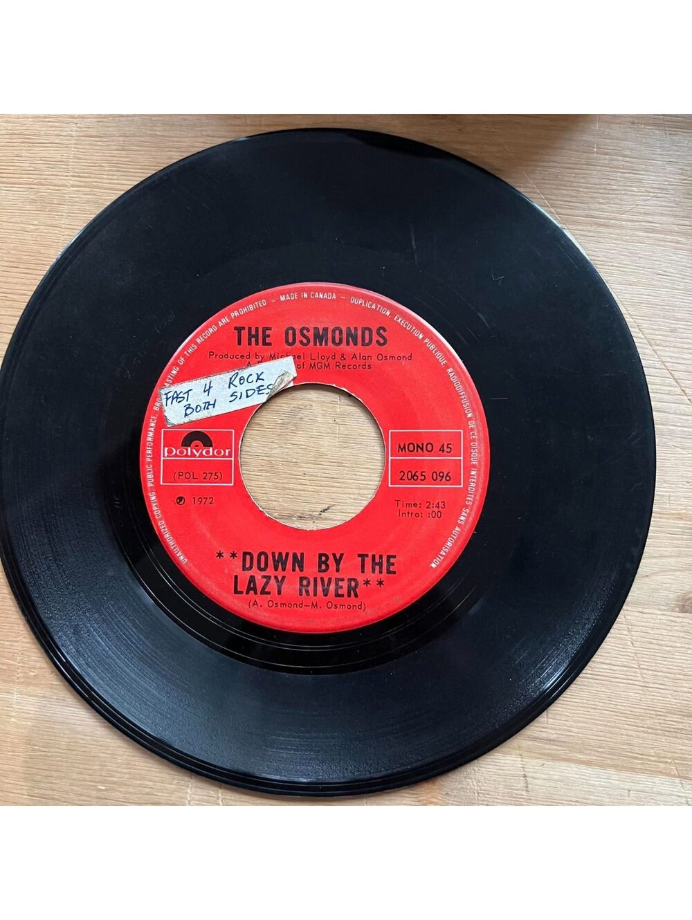 The Osmonds - Down by the Lazy River/He's the Light of the World 45rpm VG+ R13